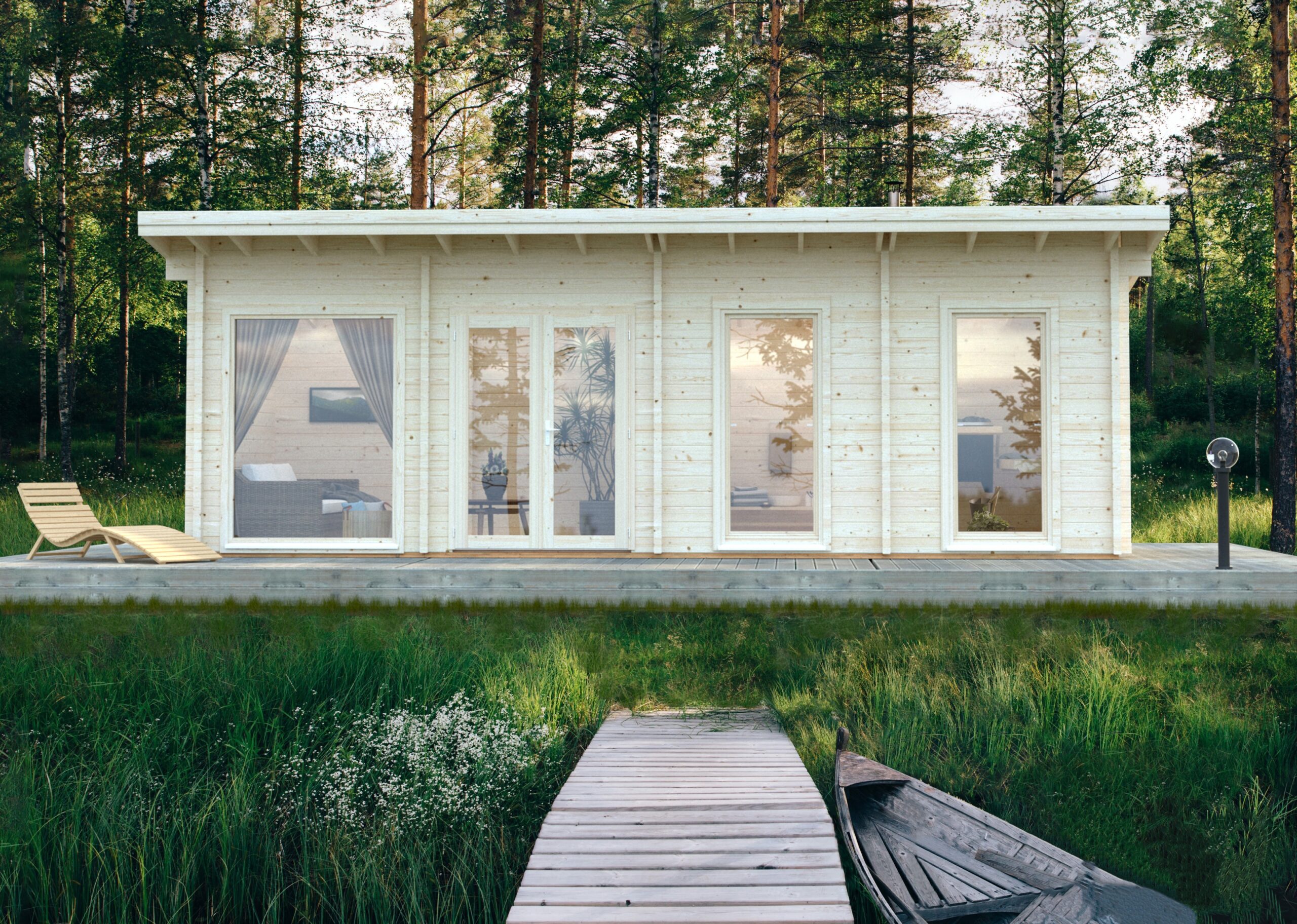 Traditional wooden hut. Finnish sauna on the lake and pier with fishing boats