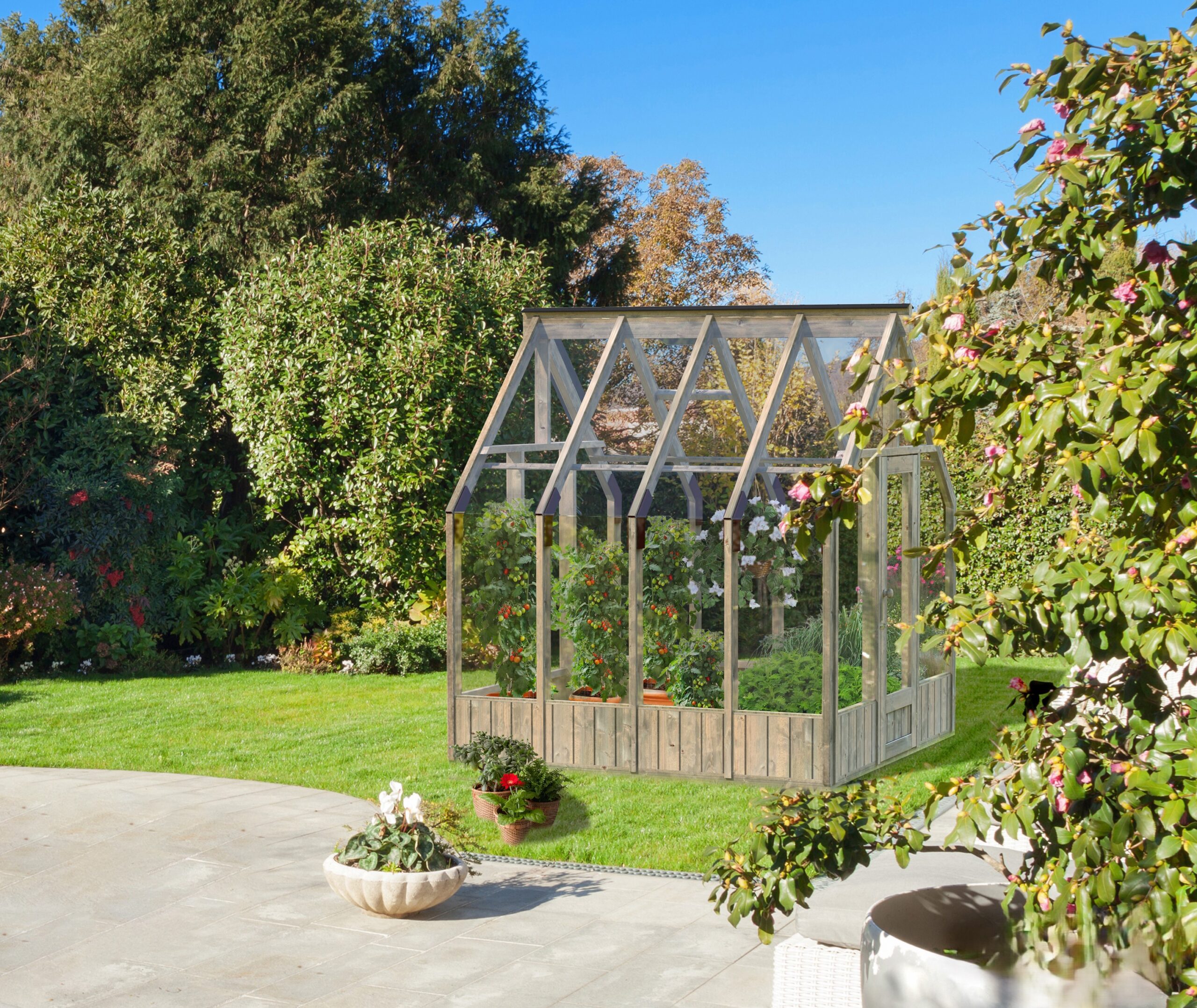 Garden and swimming pool in backyard