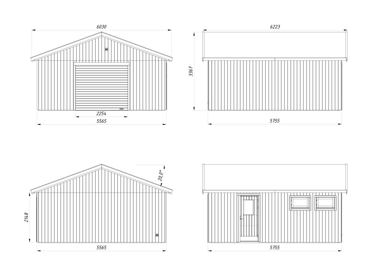 4_Palmako_garage_Andre_28.5_m2_with_sectional_door_4xviews_measures